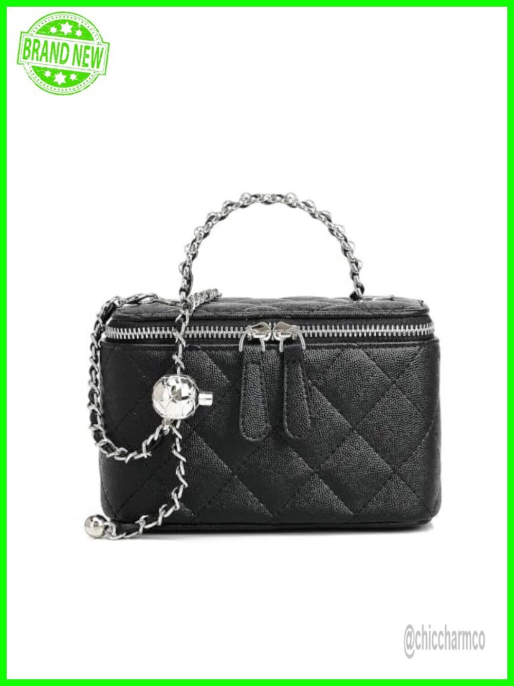Quilted Faux Leather Mini Box Crossbody Bag with Pearl Chain Strap